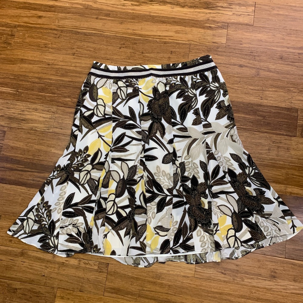 Ann Taylor Silk Floral Pleated Midi Skirt Women Size 10 Brown White‎ Yellow